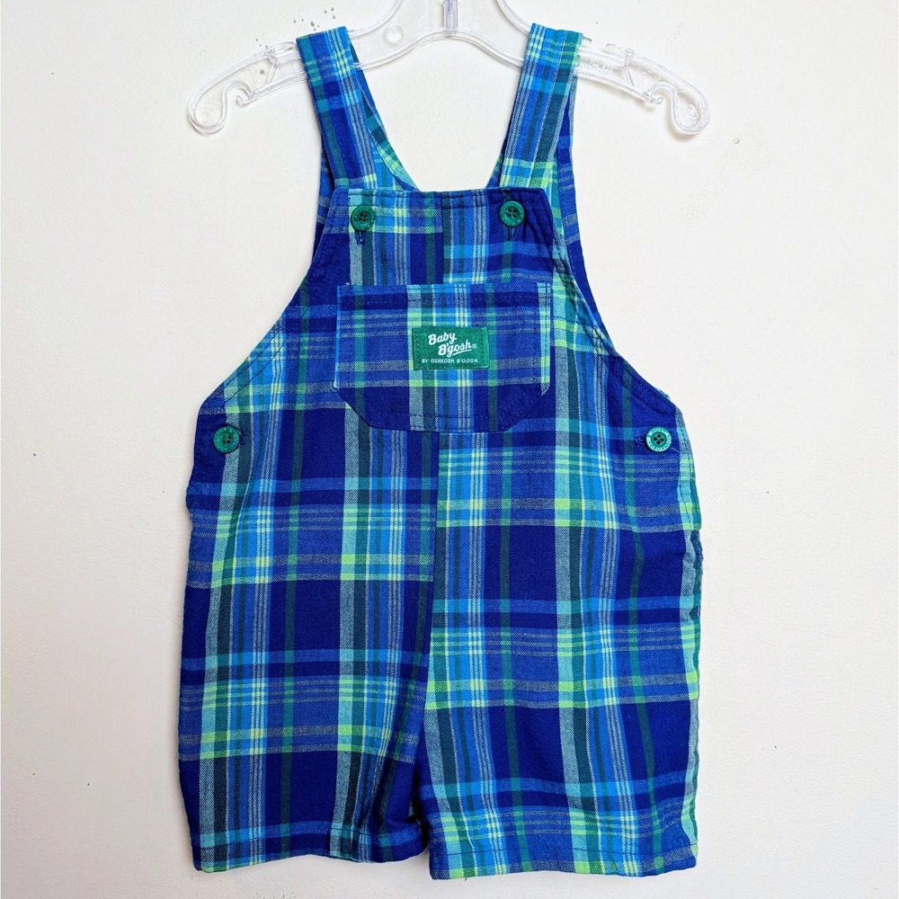 Vintage Osh Kosh Bgosh Plaid Shortalls Blue & Green Snaps Overalls 90s Size 24M